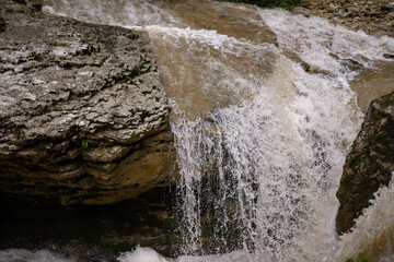 Mountain river after rains close-up. Journey through the forest area along the stream. Summer landscape.