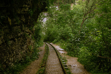 Fototapeta premium Fairy-tale landscape of abandoned rails laid along high mountains. Summer forest after the rain.