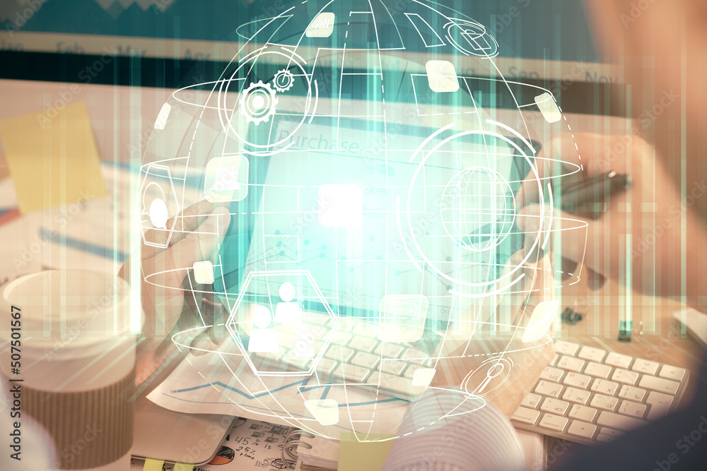 Poster double exposure of man's hands holding and using a phone and social network theme drawing.