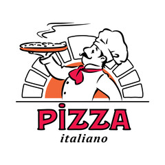 Funny chef with pizza. Emblem or logo design