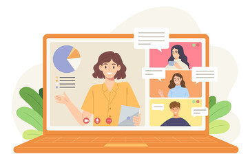 People on computer screen. Virtual meeting or group video conference. Concept of online working, quarantine, work from home, internet, digital communication. Flat vector illustration.
