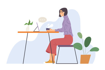 Young female sitting and talking online with friend in cozy atmosphere. Concept of lifestyle, free time, self quarantine, work from home, VDO conference. Flat vector illustration character.