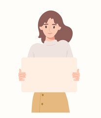 Young sweet woman holding blank placard for copy message. Template empty space for advertising, announcement, promotion, presentation. Banner sign. Billboard. Flat vector illustration character.