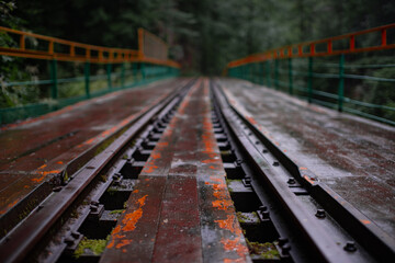 Fairy-tale landscape of abandoned rails laid along high mountains. Summer forest after the rain.