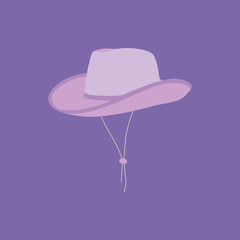 Cartoon сowgirl violet hat with with strings. Party hat. Wild West fashion style. Cowboy western theme, wild west concept. Horse Ranch. Hand drawn colored flat vector illustration. 