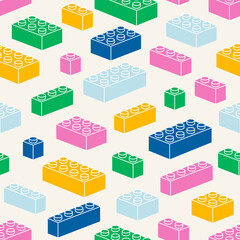 Colorful isometry plastic bricks. Building blocks for children construction kits. Children leisure games , preschool activities concept. Toy erector set . Hand drawn Vector seamless Pattern.
