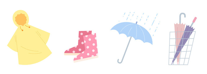 Set of rainy season elements; rain coat, boots, umbrella and umbellar in the bucket. Concept of rainy season, rainfall. Single object for print, graphic design decoration. Flat vector illustration.