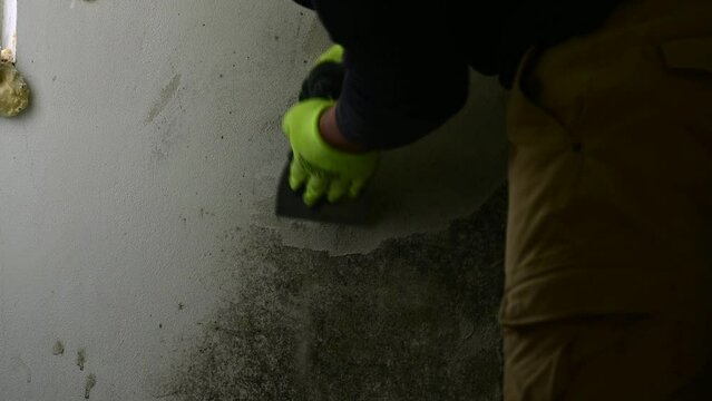 a man in gloves and a mask removes fungus and mold on the wall with a spatula.