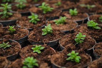 Little green houseplants in brown pots.