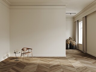 Room in classical style mockup with chairs, wooden floor, white walls, curtains, mirror, vases and window 3d render