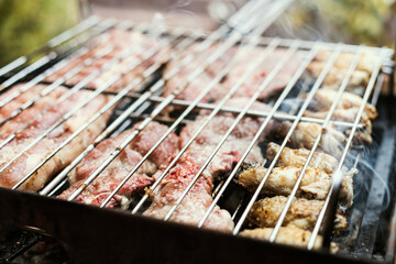 air, appetizing, background, barbecue, barbeque, bbq, burning, charcoal, chicken, closeup, cook, cooking, country, delicious, eat, exterior, family, fire, flame, food, garden, grass, grid, grill, have