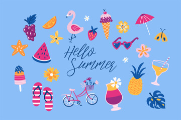 Cute summer elements set. Childish print for cards, stickers, banner and decoration