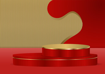 Red 3d podium for product placement. Modern red and gold round podium with geometric background. Vector illustration