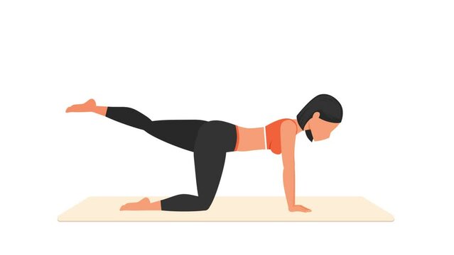 Glute kickback pulse exercise. Female workout on mat. Fitness woman exercising. Looped 2D animation with young girl character training. Sport and healthy lifestyle concept.