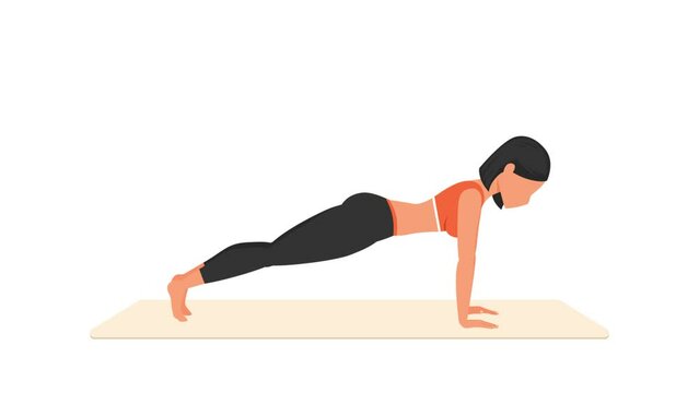 Straight arm plank to pike exercise. Female workout on mat. Fitness woman exercising. Looped 2D animation with young girl character training. Sport and healthy lifestyle concept.