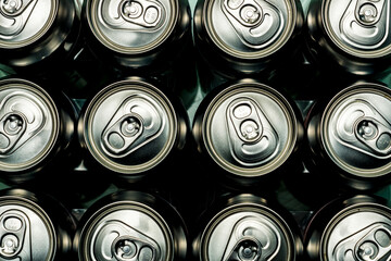 aluminum cans of soda background. View from the top. Soft drink cans texture, cans wallpaper