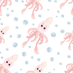 Seamless pattern with cute squids.Cartoon vector graphics.
