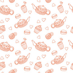 seamless pattern with teapots, cups and desserts