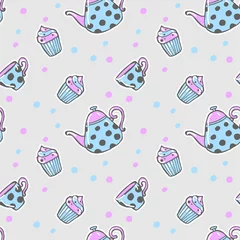 Fototapeten seamless pattern with teapots, cups and desserts © elentina