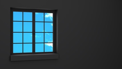 Black window with blue sky.
3d rendering illustration.