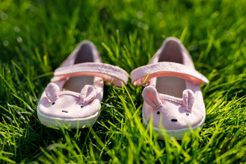 Cute baby shoes on green grass in summer