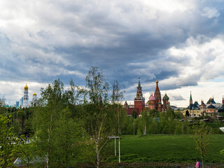 Russia. Moscow in the spring. Zaryadye Park. St. Basil's Cathedral. Panorama of the center of Moscow. View of the Kremlin. A park near Red Square.