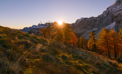 Sunrise in the autumn mountains on a beautiful sunny day.