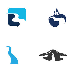 Logos of rivers, creeks, riverbanks and streams. River logo with combination of mountains and farmland with concept design vector illustration template.