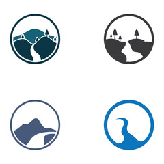 Logos of rivers, creeks, riverbanks and streams. River logo with combination of mountains and farmland with concept design vector illustration template.