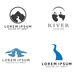 Logos of rivers, creeks, riverbanks and streams. River logo with combination of mountains and farmland with concept design vector illustration template.
