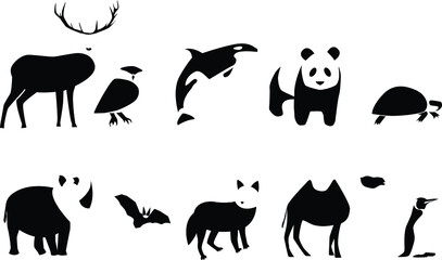 Vector animal silhouettes on isolated white background. Icons set.