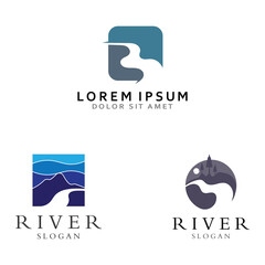 Logos of rivers, creeks, riverbanks and streams. River logo with combination of mountains and farmland with concept design vector illustration template.