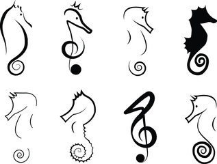 Vector illustration of a stylized seahorses on isolated white background. Icon set. 