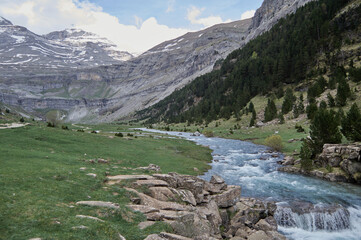 Río arazas de aguas cristalinas fluyendo junto a verdes bosques desde las montañas del Circo de...