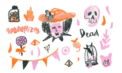 A set of Halloween illustrations drawn with wax crayons on a white isolated background.A collection of images for All Saints' Day in oil pastel doodle style in pink,orange,black.Designs for stickers.