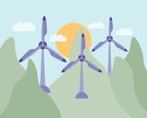 Wind mill, wind turbine, wind power station with long vanes. Renewable wind energy, green and alternative eco energy concept.