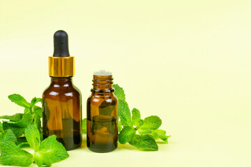 Essential oil of spicy aromatic mint (peppermint) in a brown glass bottle with a pipette and dispenser on a yellow background. Space for text. Aromatherapy, spa, skin care.