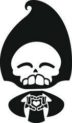 Cartoon Grim Reaper Skeleton Love Heart Skull Hood Bones Corpse Death Angel Horror Scary Black and White Childrens Kids Illustration Design Halloween
