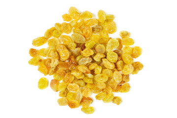 Raisins on a white isolated background. A handful (pile) of yellow dried kishmish, top view.