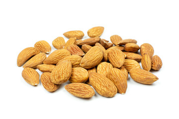 Peeled almonds on a white isolated background. A handful (pile) of nuts in close-up. Side view.