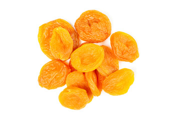 Dried apricots on a white isolated background. A handful (pile) of orange dried apricots. Top view.