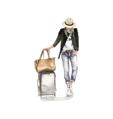 Watercolor fashion traveller young woman