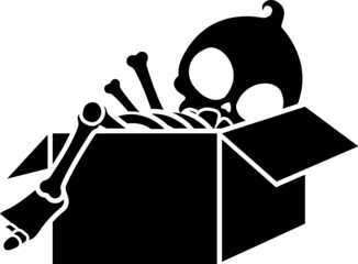 Cartoon Grim Reaper Skeleton Box of Bones Skull Hood Corpse Death Angel Horror Scary Black and White Childrens Kids Illustration Design Halloween