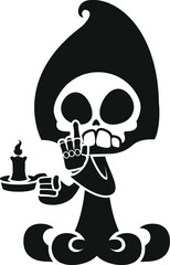 Cartoon Grim Reaper Candlelight Candle Skeleton Skull Hood Bones Corpse Death Angel Horror Scary Black and White Childrens Kids Illustration Design Halloween