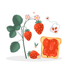 Summer vitamins. Toast and jam with fresh fruit. Cute card or print, vector illustration
