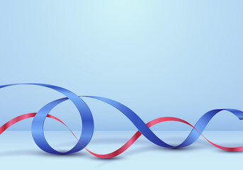 3D realistic blue and red ribbon curly on blue room background Independence day