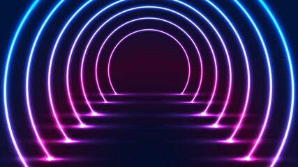 Abstract glowing neon lighting rounded tunnel walkway technology futuristic retro style