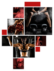 Execute exercise with weight. Collage of photo