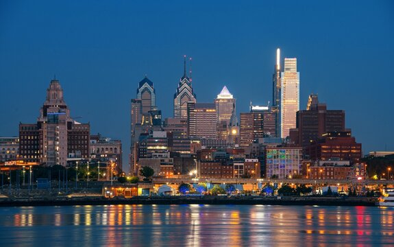 Philadelphia city skyline night river