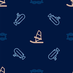 Set line Nautical rope knots, Submarine and Windsurfing on seamless pattern. Vector © Iryna